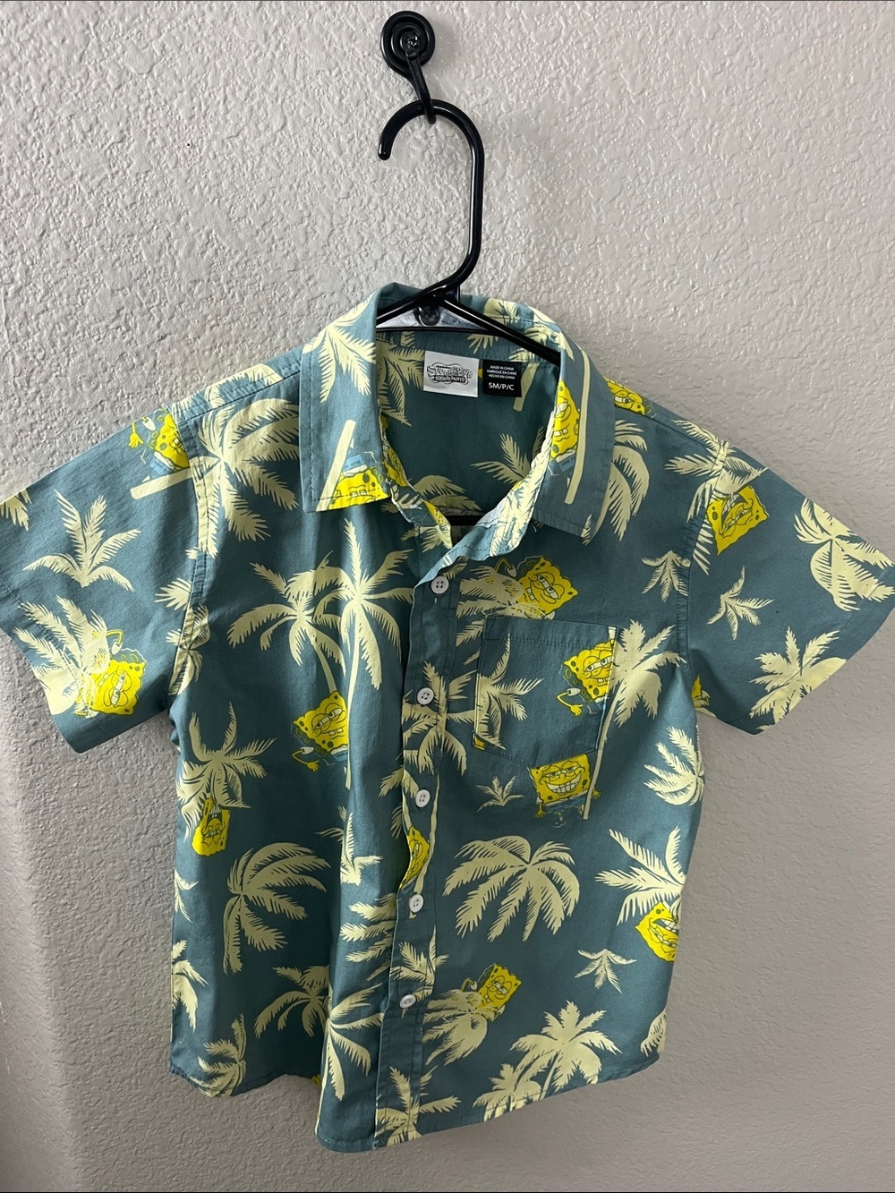 SpongeBob Squarepants Green Tropical Palm Print Button-Down Shirt Sz S Vacay